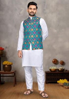 Blue Printed Cotton Kurta Set For Men