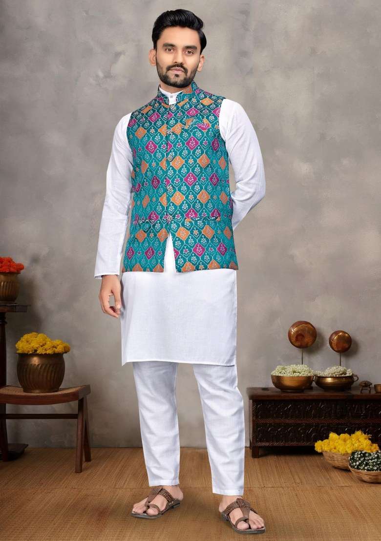 Blue Printed Cotton Kurta Set For Men - Indya