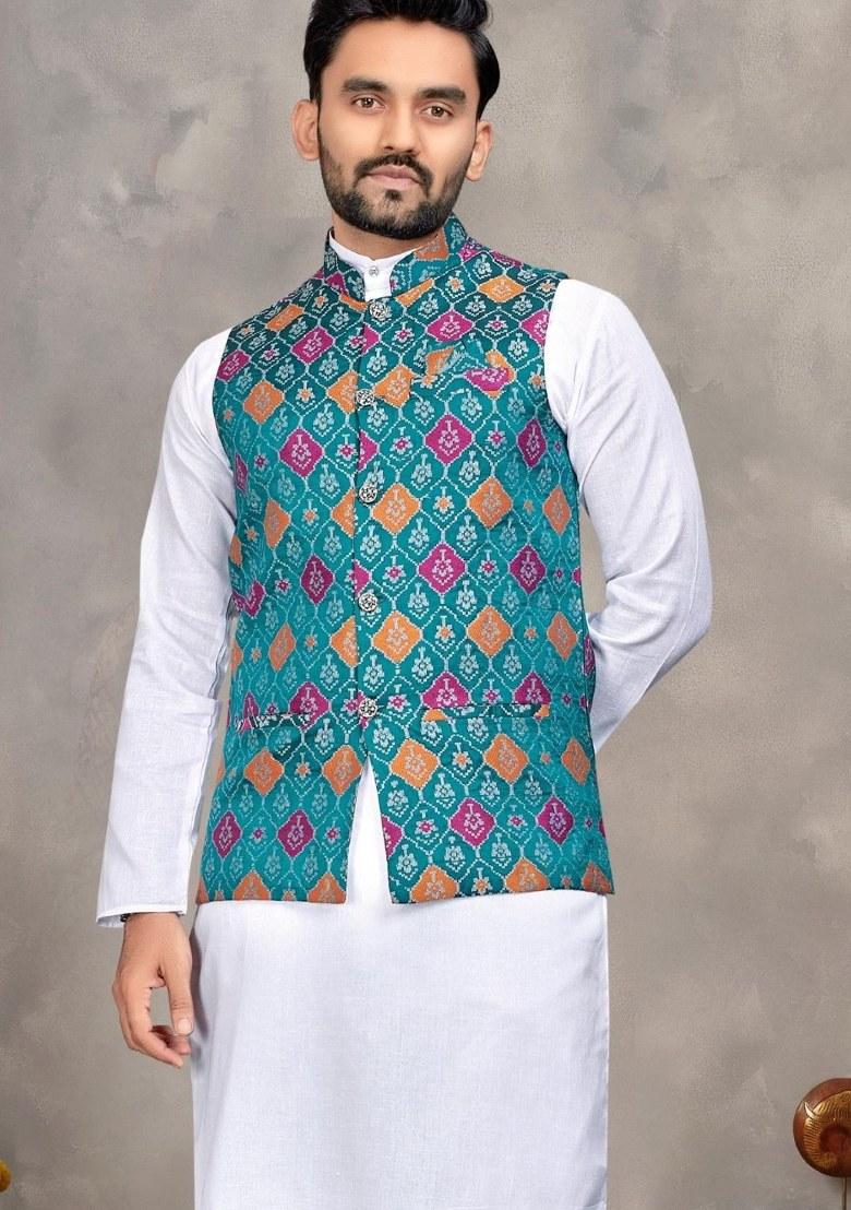 Blue Printed Cotton Kurta Set For Men - Indya