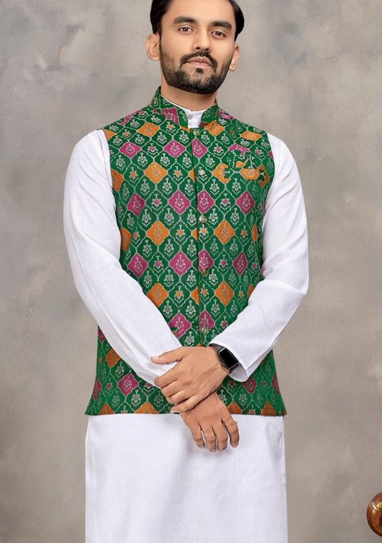Green Printed Cotton Kurta Set For Men - Indya