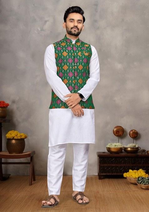 Green Printed Cotton Kurta Set For Men