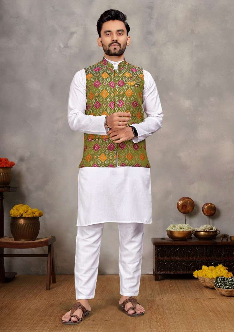Mehendi Printed Cotton Kurta Set For Men - Indya