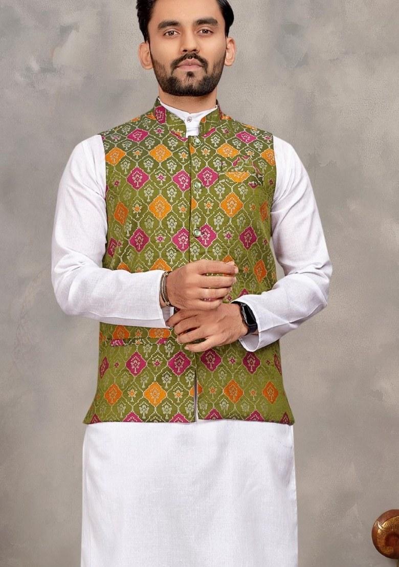 Mehendi Printed Cotton Kurta Set For Men - Indya