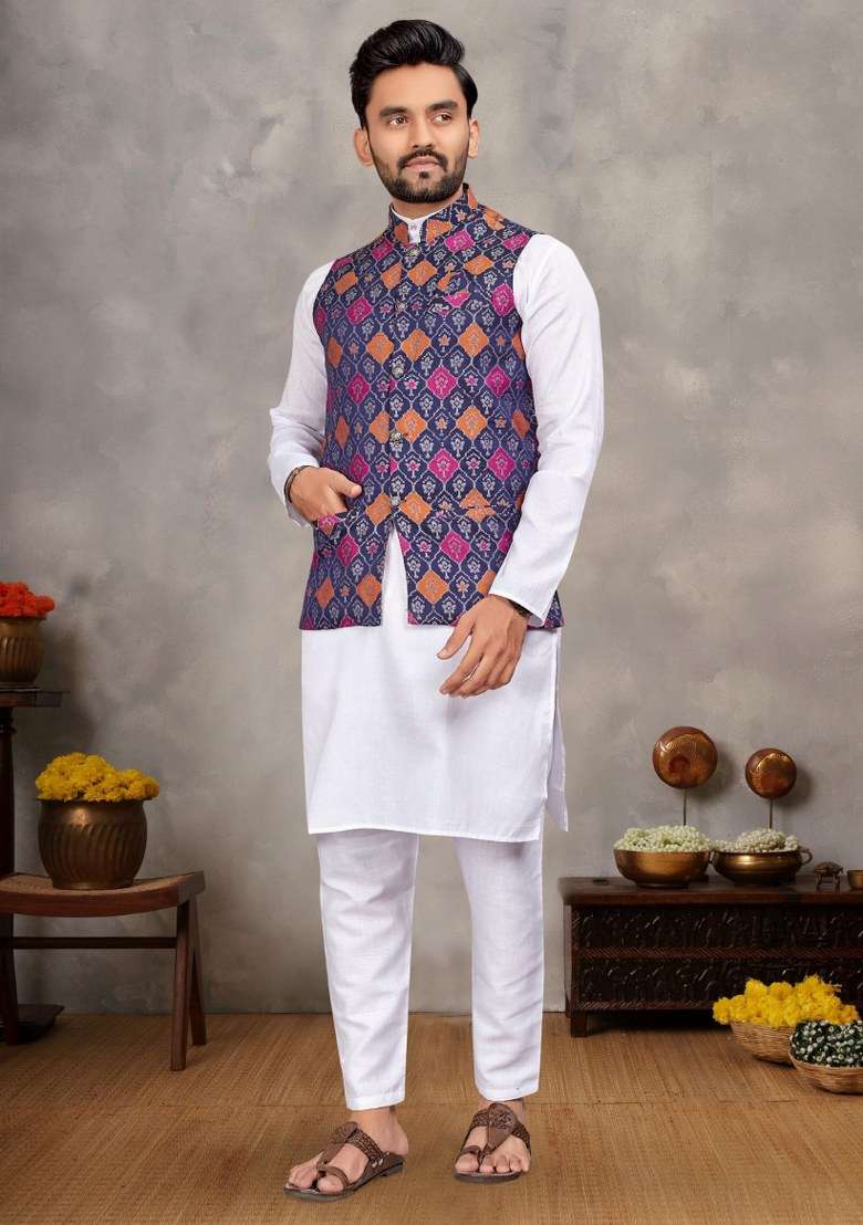 Navy Blue Printed Cotton Kurta Set For Men - Indya