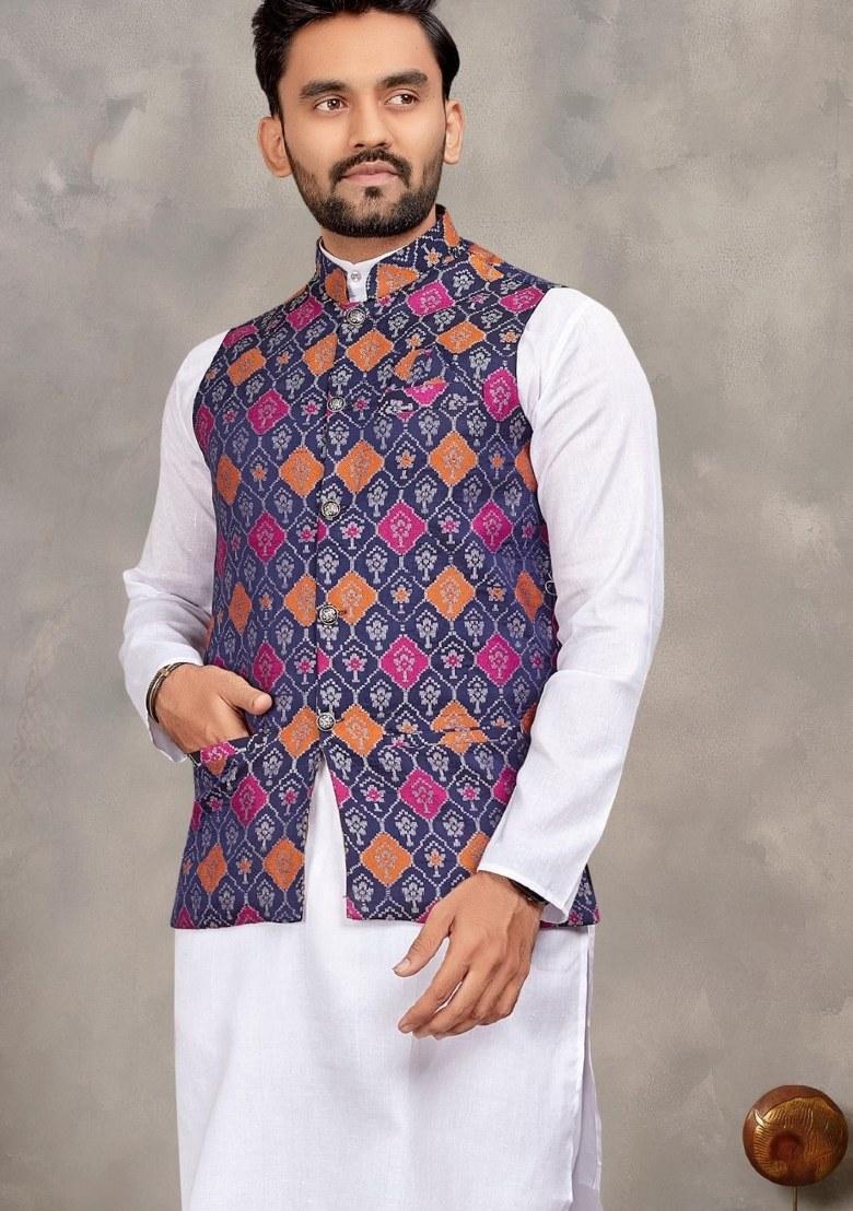 Navy Blue Printed Cotton Kurta Set For Men - Indya