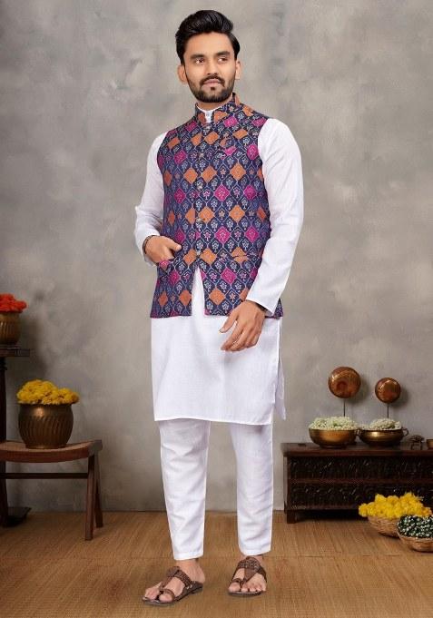 Navy Blue Printed Cotton Kurta Set For Men