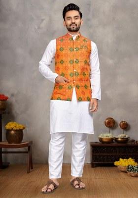 Orange Printed Cotton Kurta Set For Men