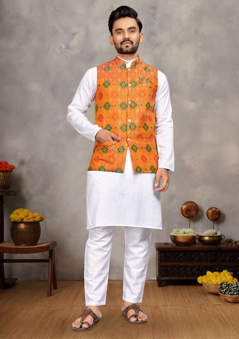 Orange Printed Cotton Kurta Set For Men - Indya