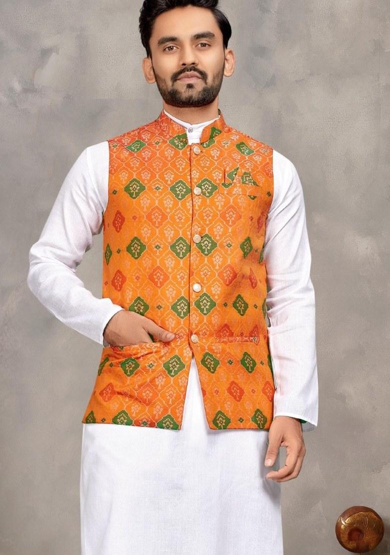 Orange Printed Cotton Kurta Set For Men - Indya