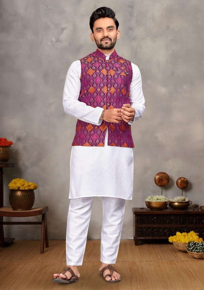 Purple Printed Cotton Kurta Set For Men - Indya