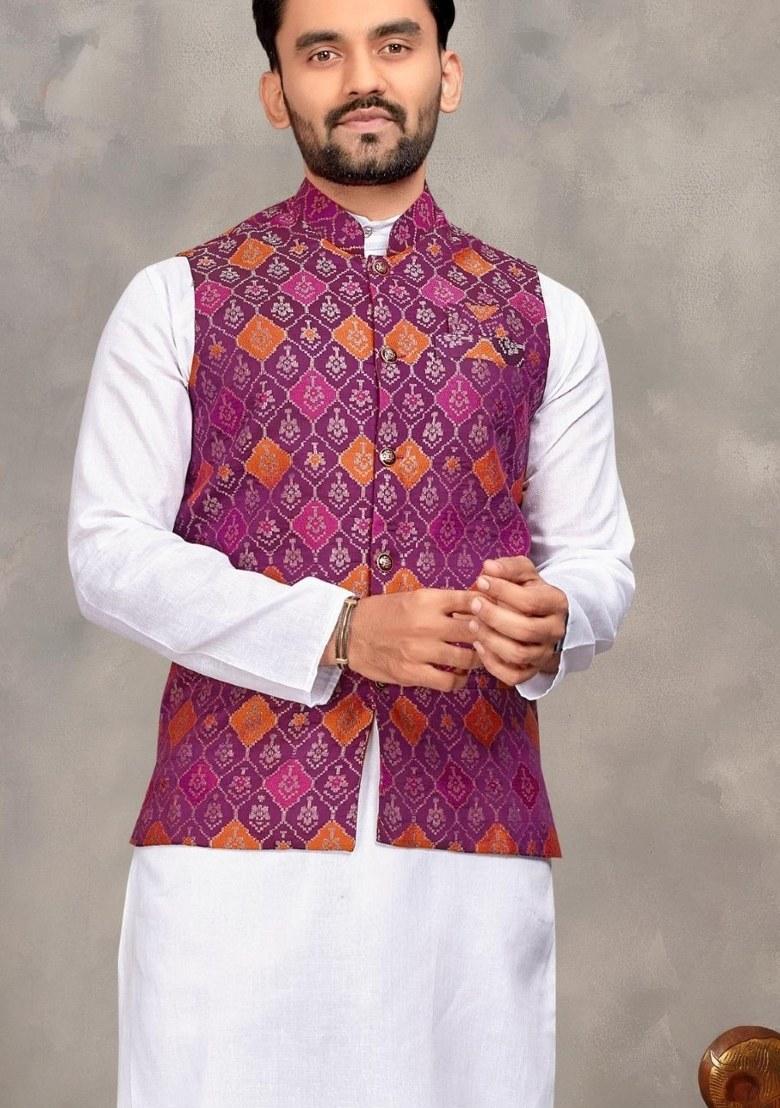 Purple Printed Cotton Kurta Set For Men - Indya