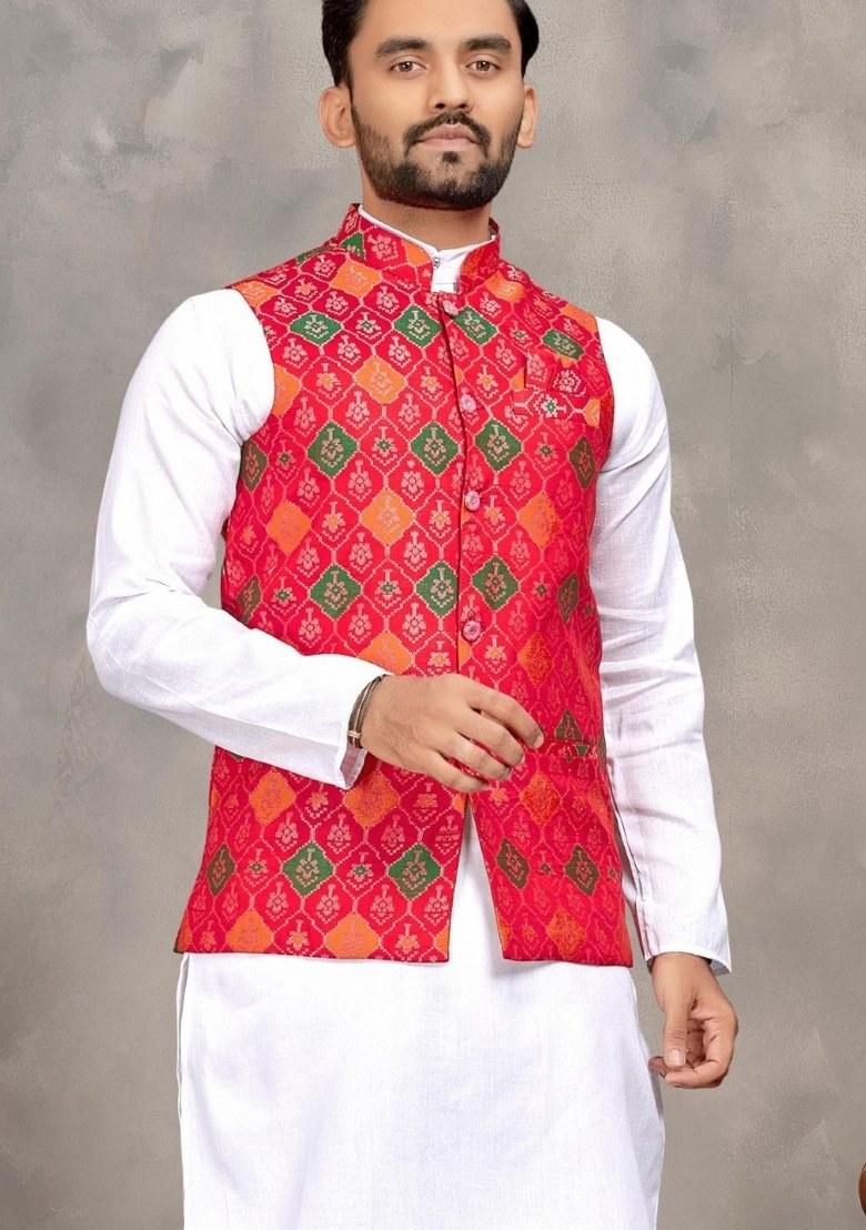 Red Printed Cotton Kurta Set For Men - Indya