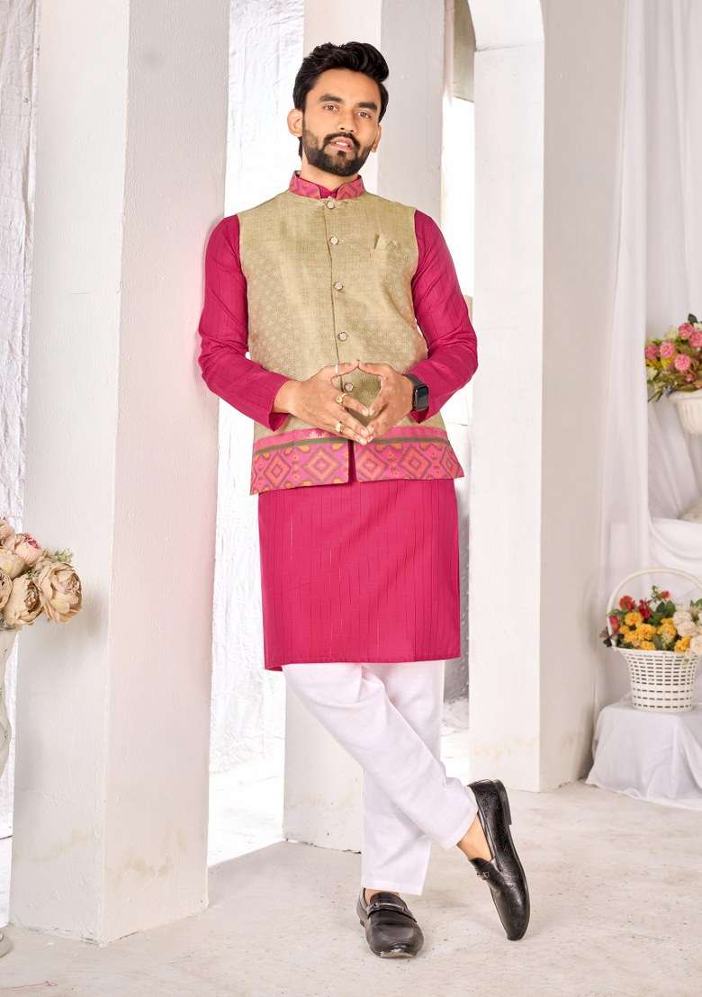 Beige Printed Cotton Kurta Set For Men - Indya