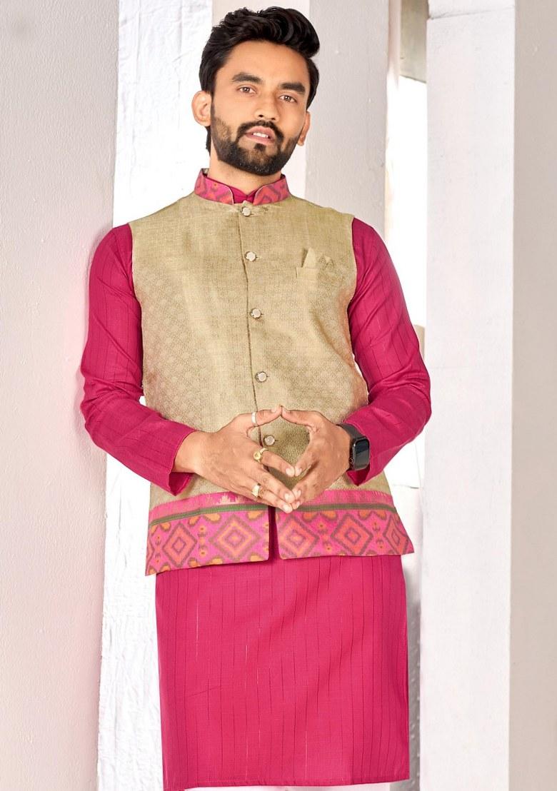 Beige Printed Cotton Kurta Set For Men - Indya