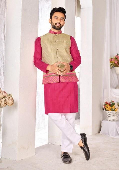 Beige Printed Cotton Kurta Set For Men