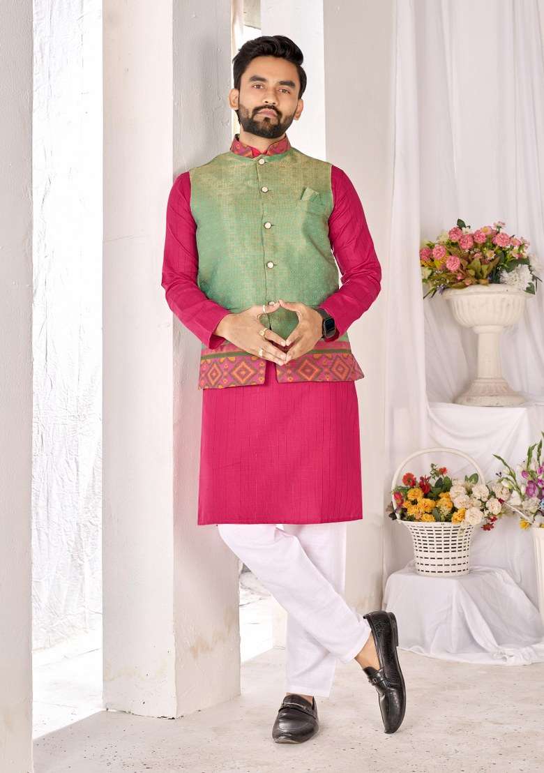 Green Printed Cotton Kurta Set For Men - Indya