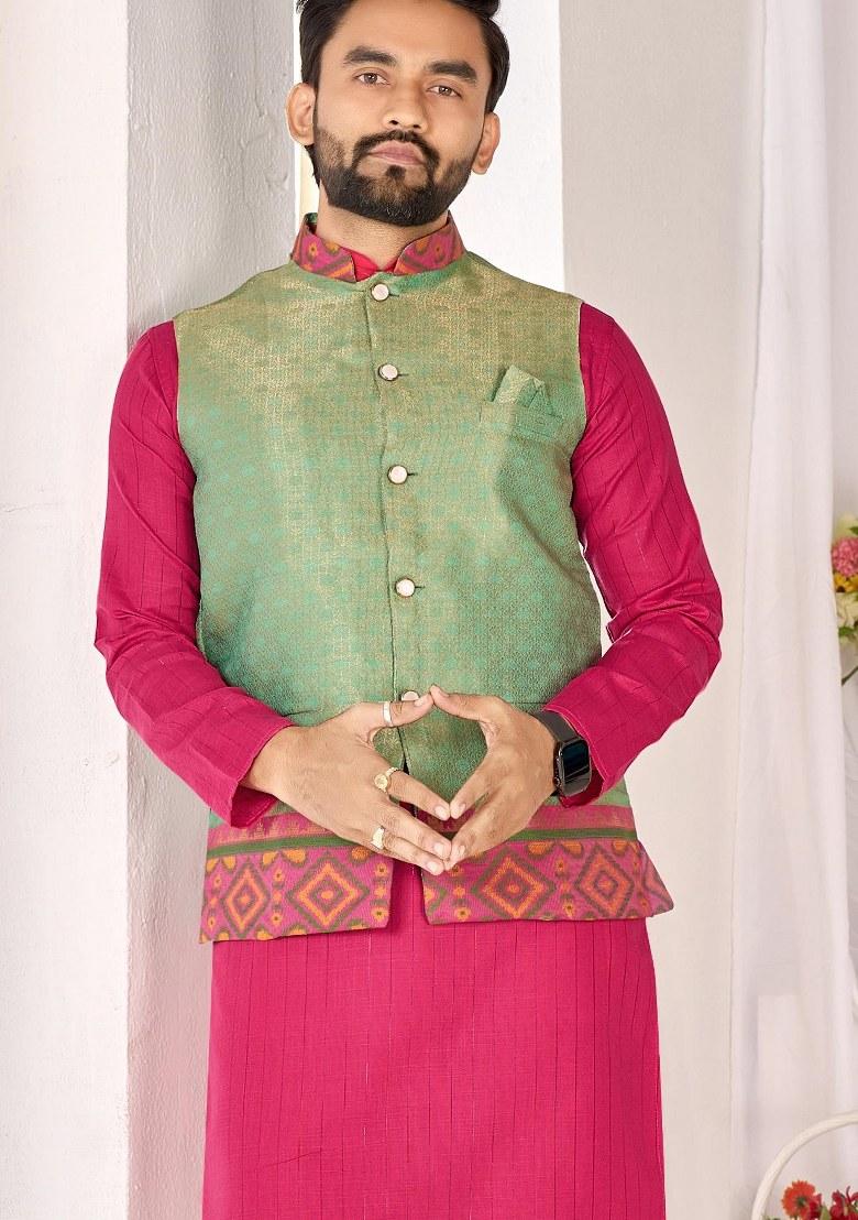 Green Printed Cotton Kurta Set For Men - Indya
