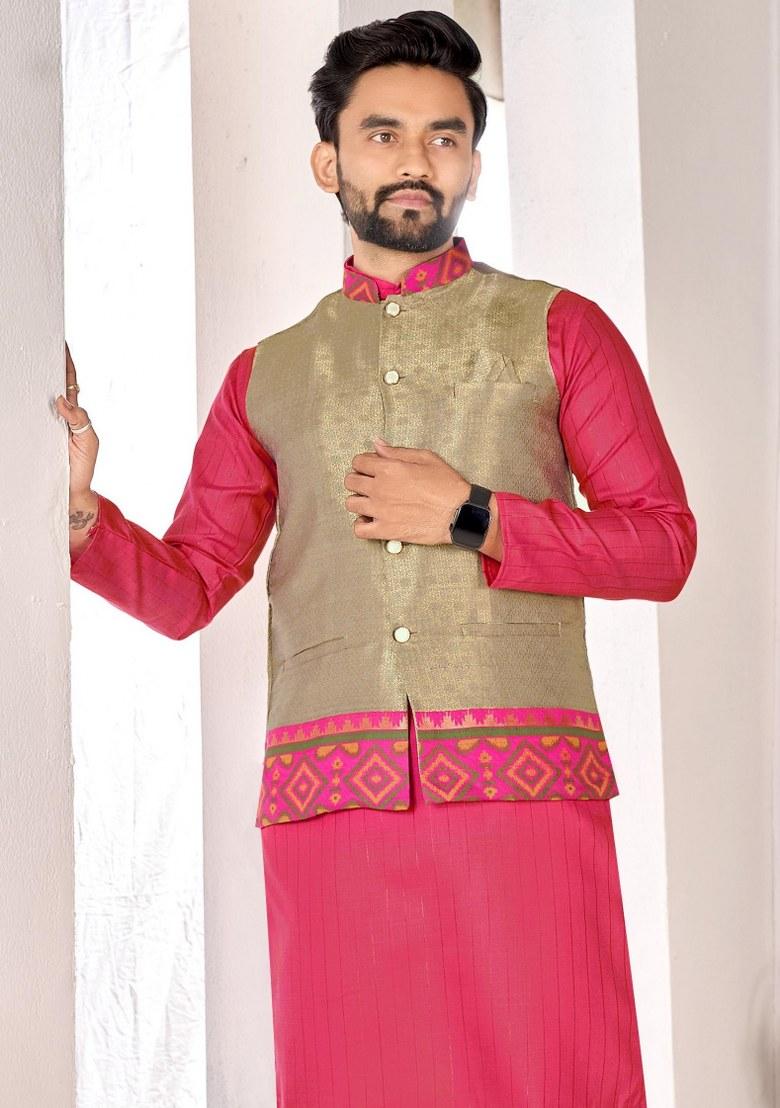Mehendi Printed Cotton Kurta Set For Men - Indya