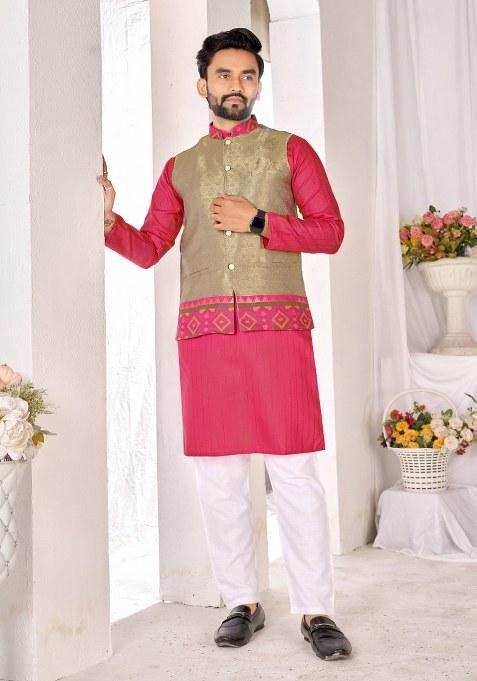 Mehendi Printed Cotton Kurta Set For Men