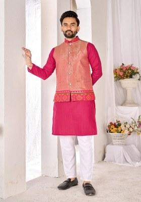 Peach Printed Cotton Kurta Set For Men