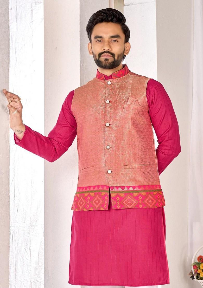 Peach Printed Cotton Kurta Set For Men - Indya