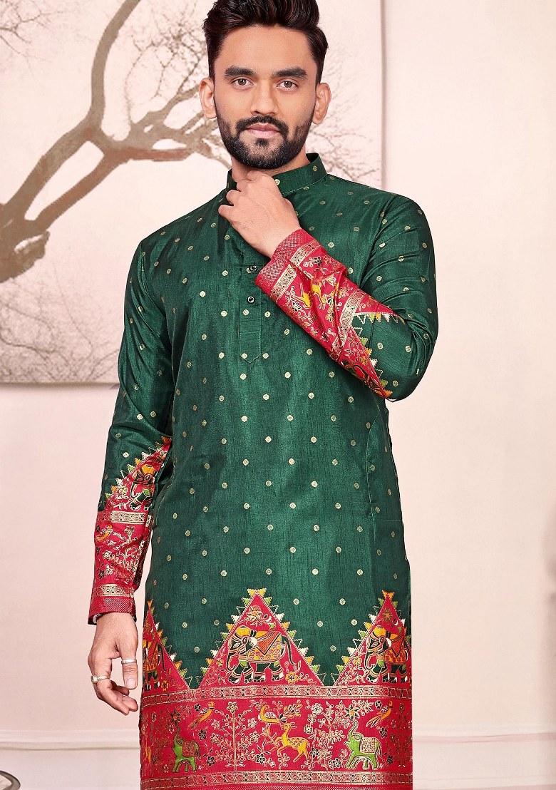 Green Printed Silk Kurta For Men - Indya
