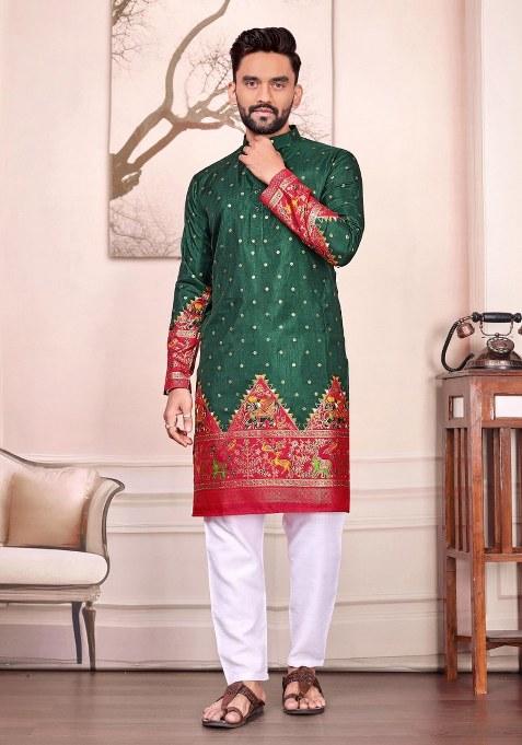 Green Printed Silk Kurta For Men