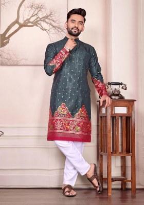 Grey Printed Silk Kurta For Men