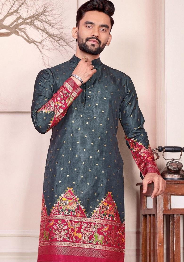 Grey Printed Silk Kurta For Men - Indya