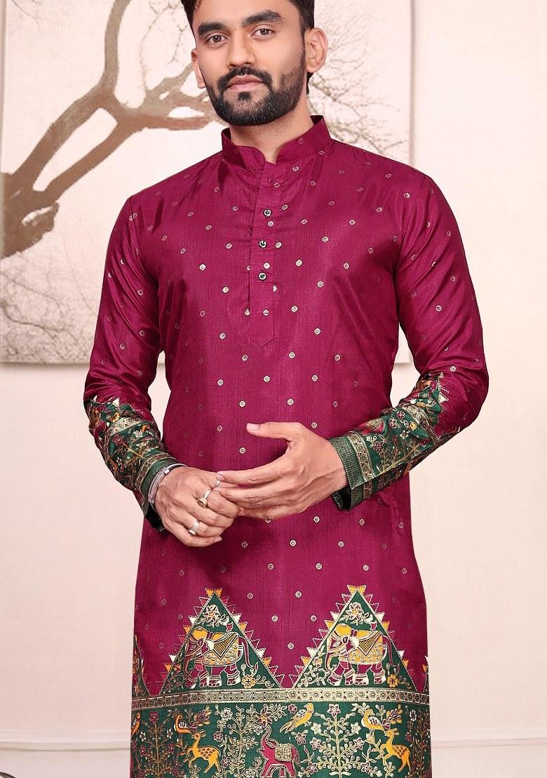 Purple Printed Silk Kurta For Men - Indya