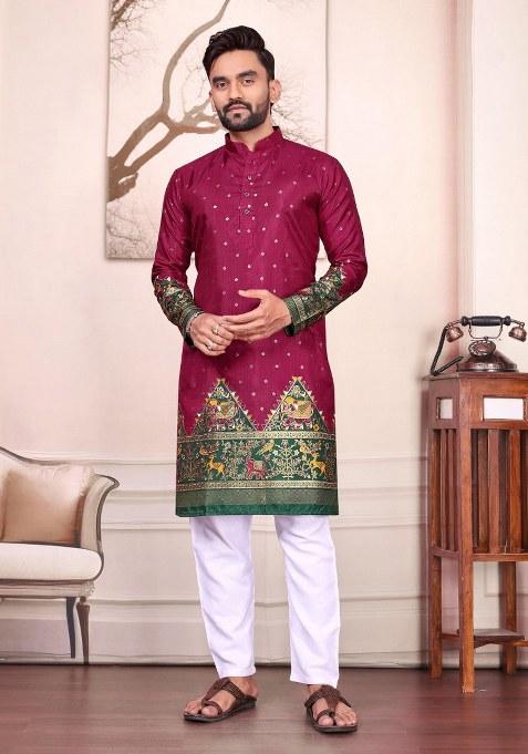 Purple Printed Silk Kurta For Men