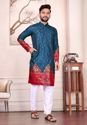 Teal Printed Silk Kurta For Men