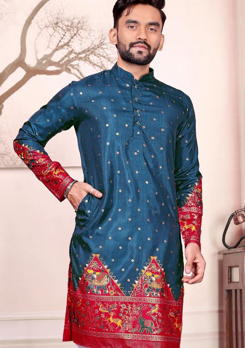 Teal Printed Silk Kurta For Men - Indya