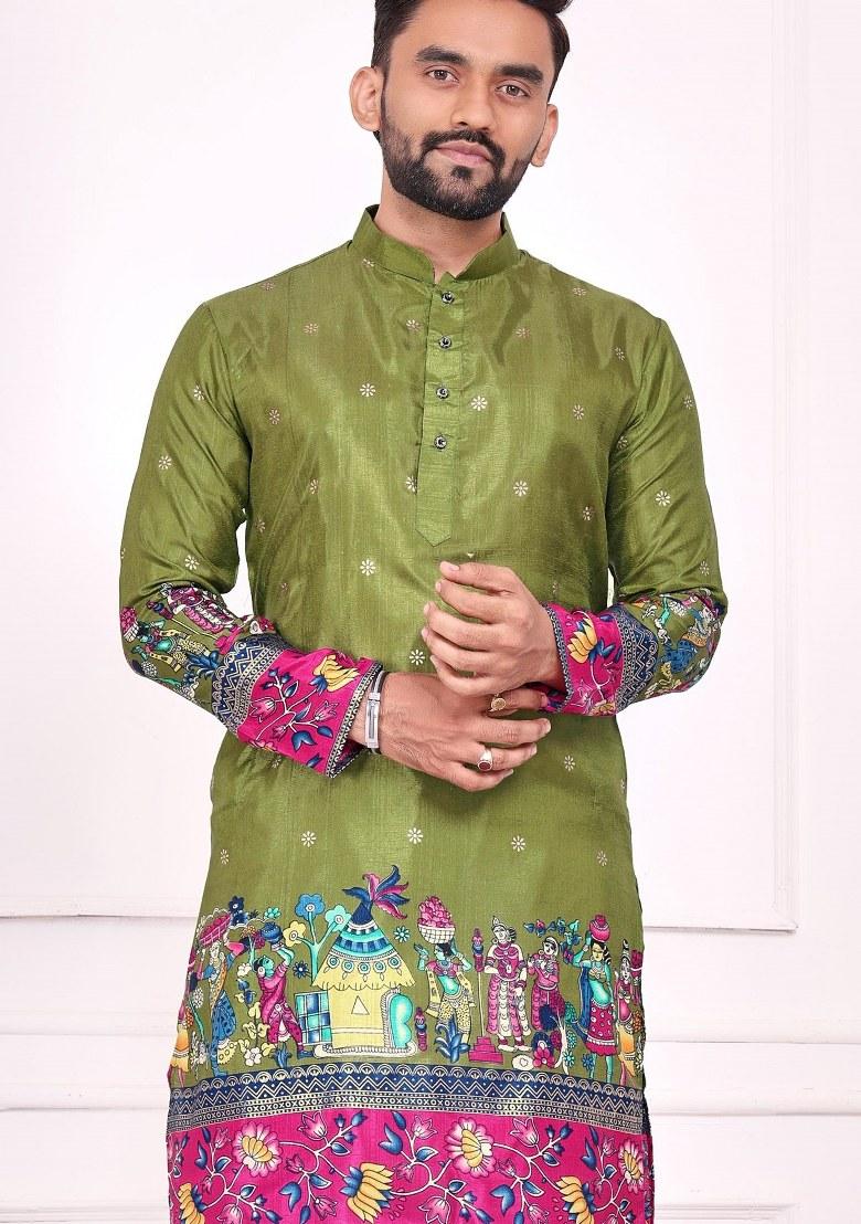 Green Printed Silk Kurta For Men - Indya