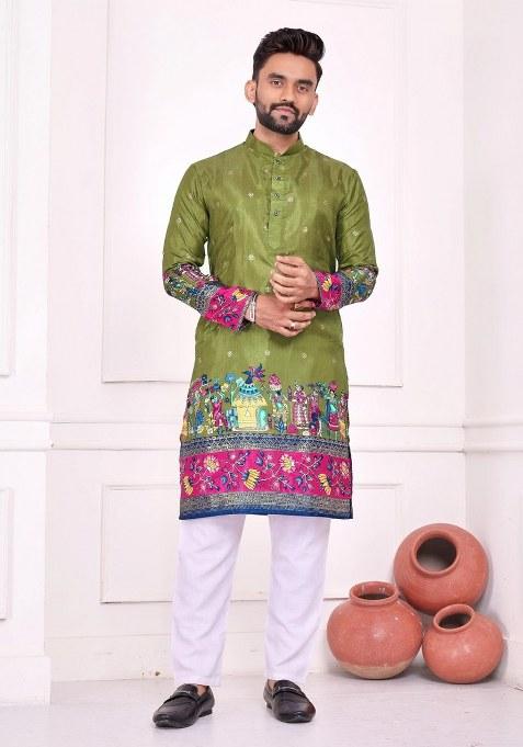 Green Printed Silk Kurta For Men