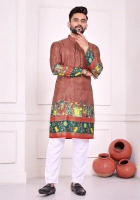 Peach Printed Silk Kurta For Men