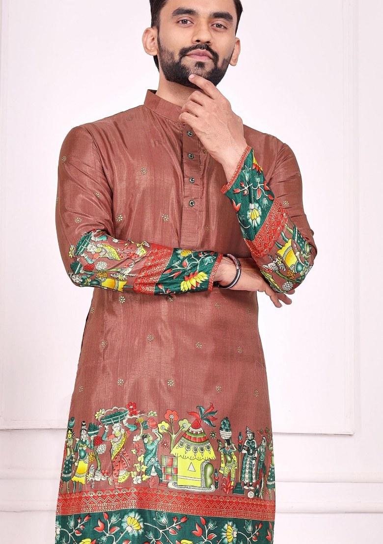 Peach Printed Silk Kurta For Men - Indya