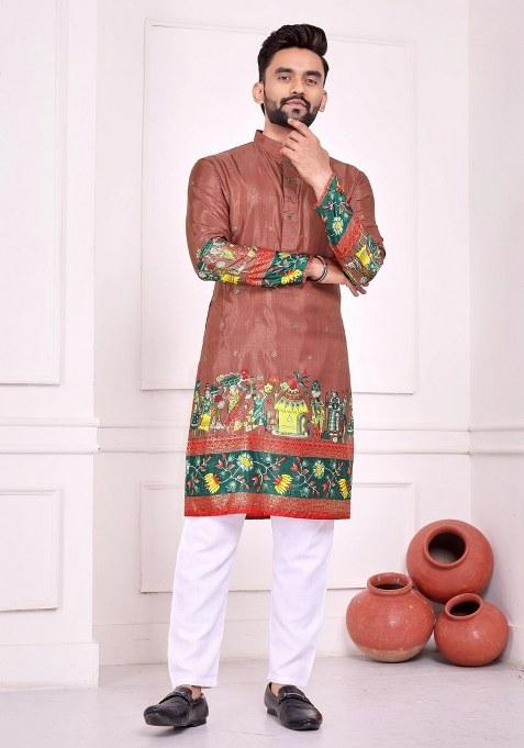 Peach Printed Silk Kurta For Men