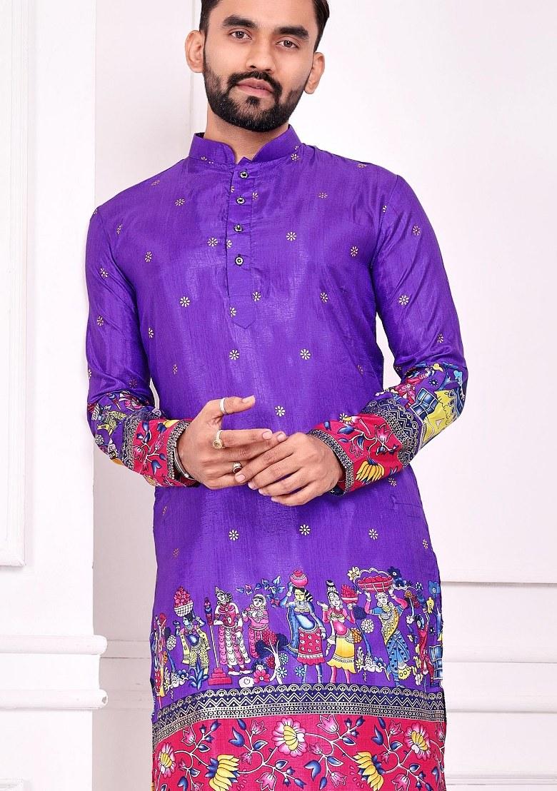 Violet Printed Silk Kurta For Men - Indya