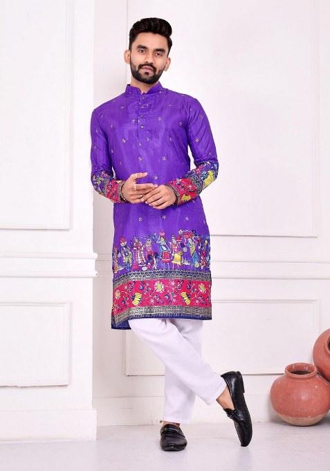 Violet Printed Silk Kurta For Men