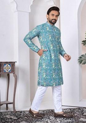 Blue Printed Cotton Kurta For Men