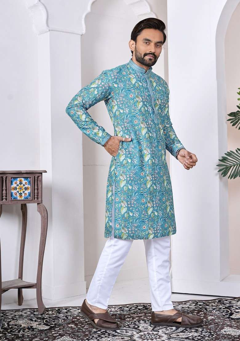 Blue Printed Cotton Kurta For Men - Indya