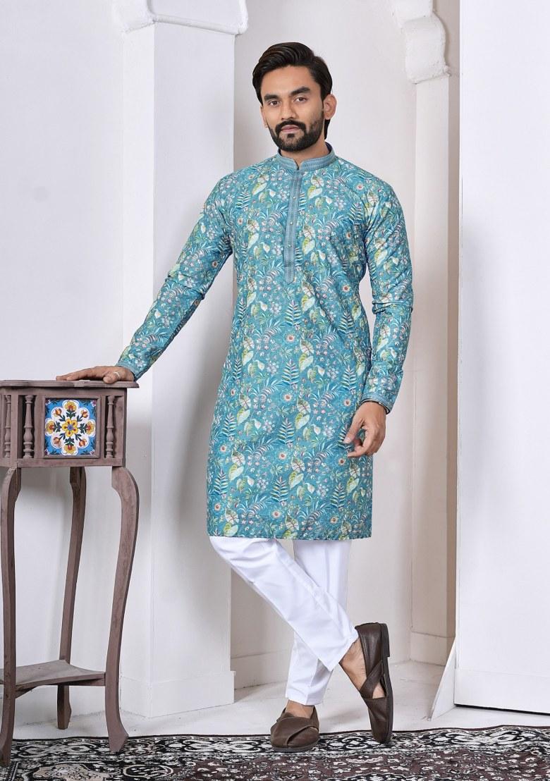Blue Printed Cotton Kurta For Men - Indya