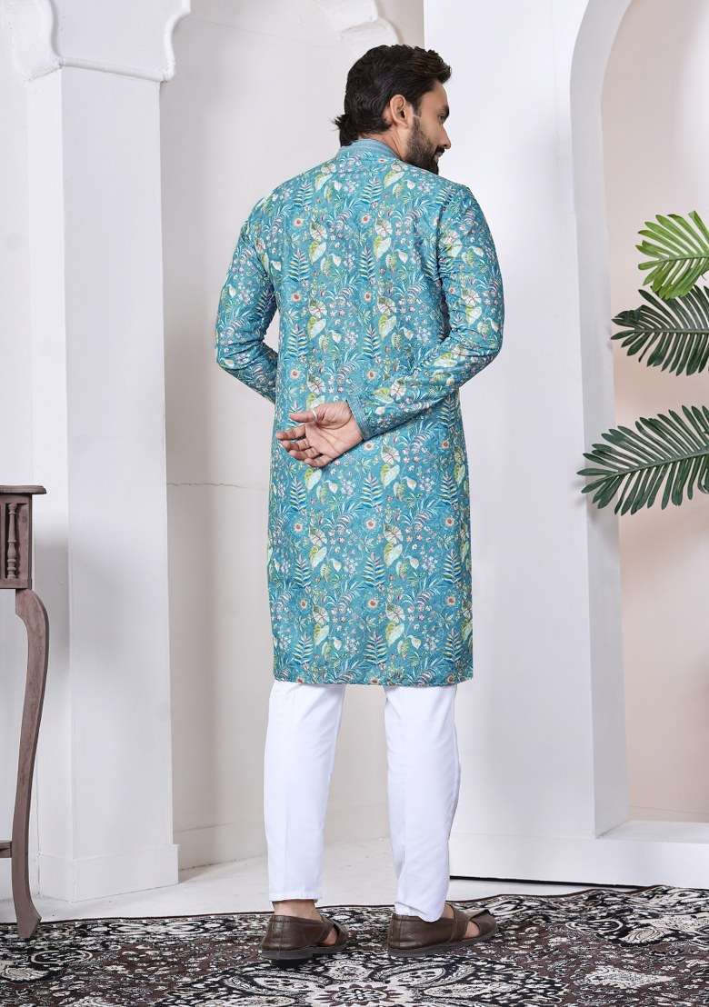 Blue Printed Cotton Kurta For Men - Indya