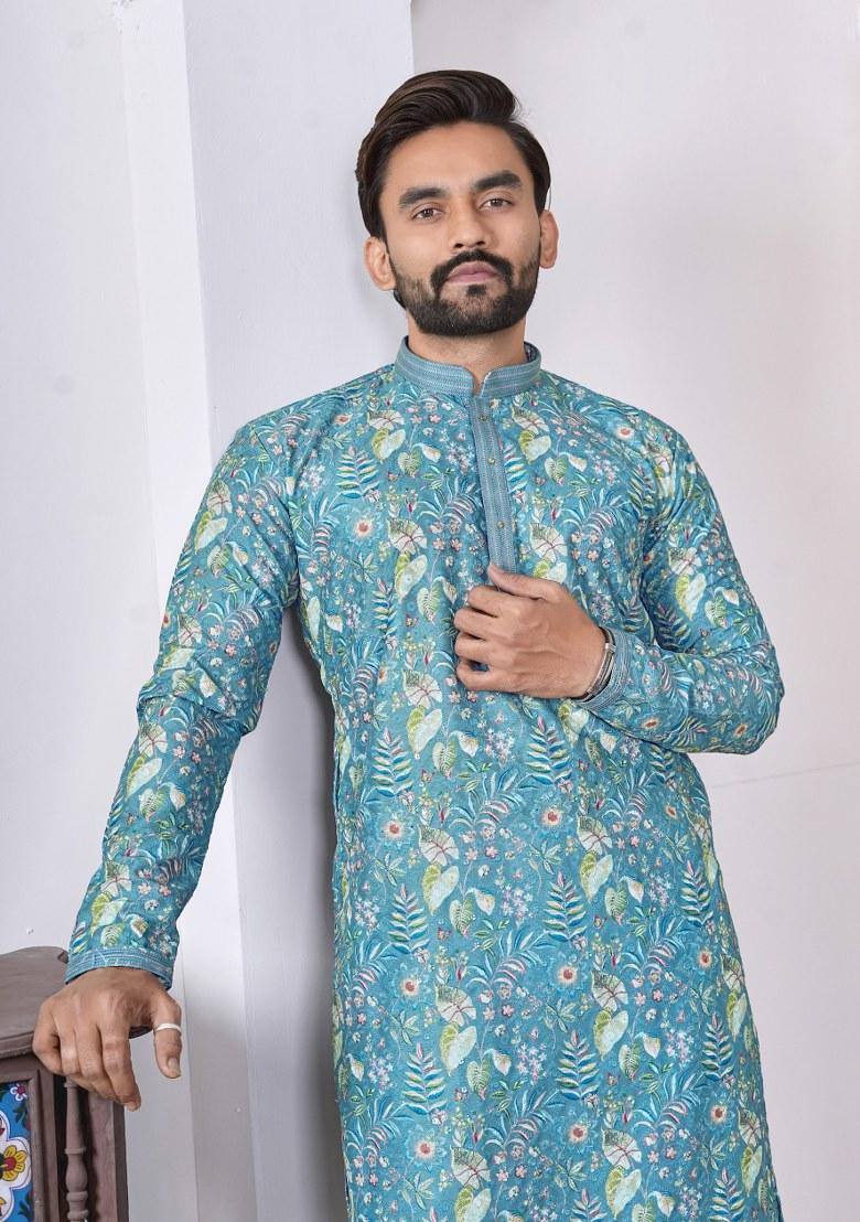 Blue Printed Cotton Kurta For Men - Indya