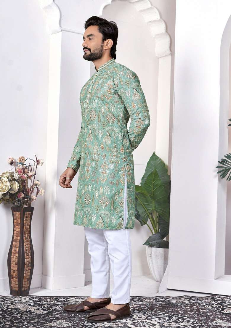 Green Printed Cotton Kurta For Men - Indya