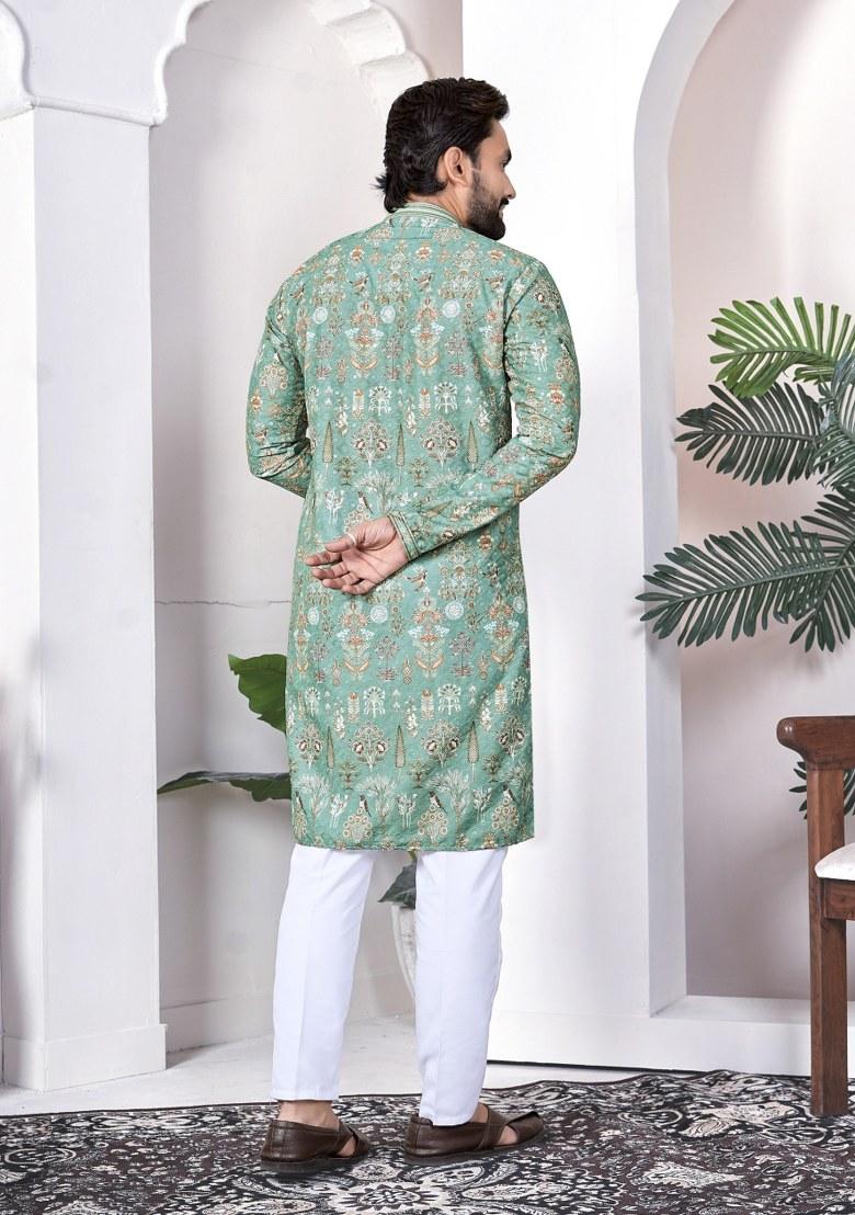 Green Printed Cotton Kurta For Men - Indya
