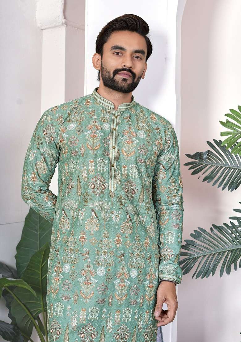 Green Printed Cotton Kurta For Men - Indya