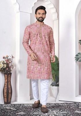 Peach Printed Cotton Kurta For Men
