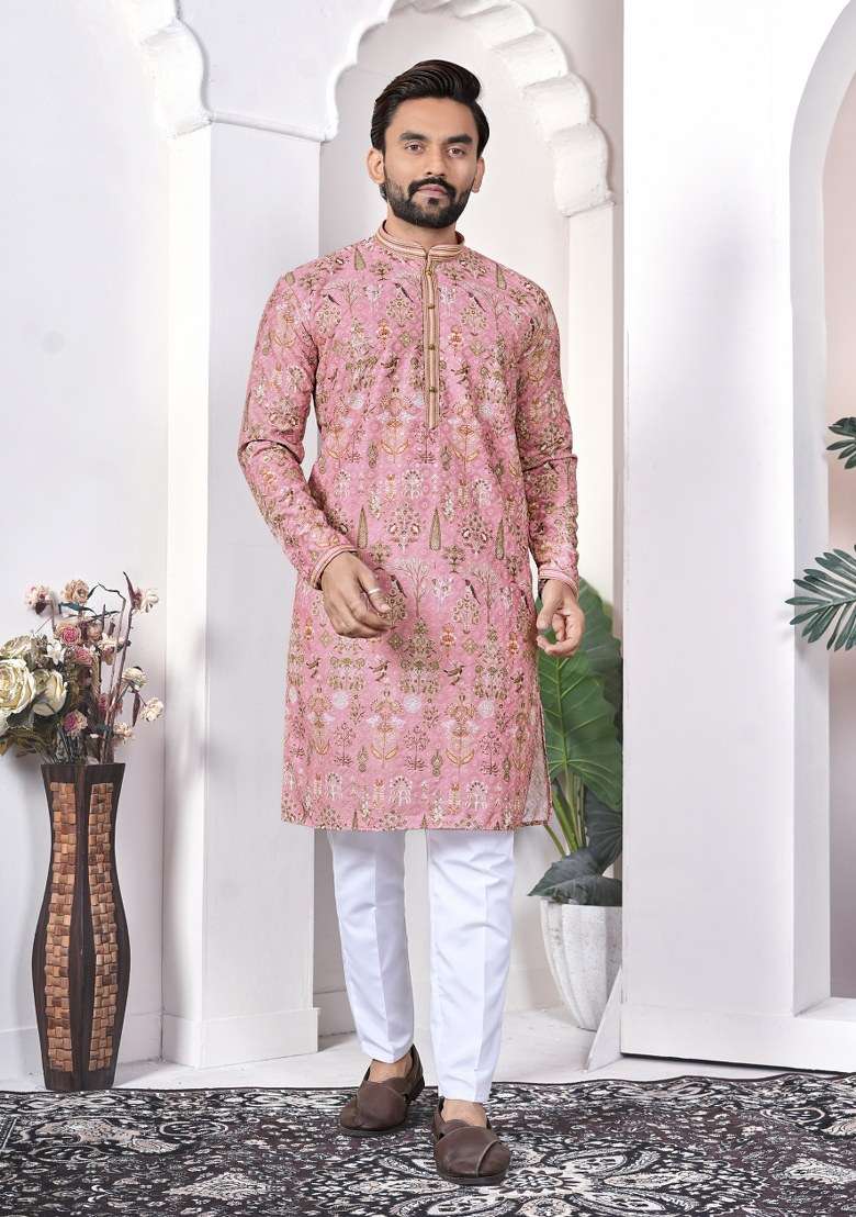 Peach Printed Cotton Kurta For Men - Indya